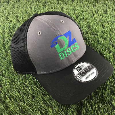 Gray and black New Era 9Forty adjustable mesh hat with an embroidered blue and green DZ Discs logo.