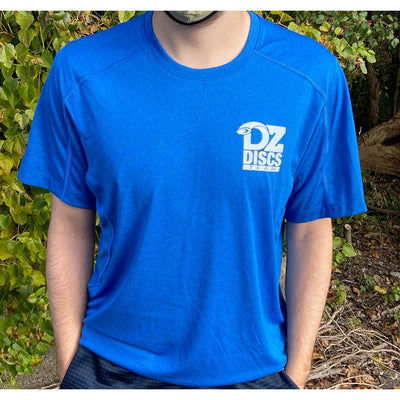 Blue Ogio Endurance Pulse Crew short-sleeved t-shirt with a white DZ Discs Team logo on the chest.