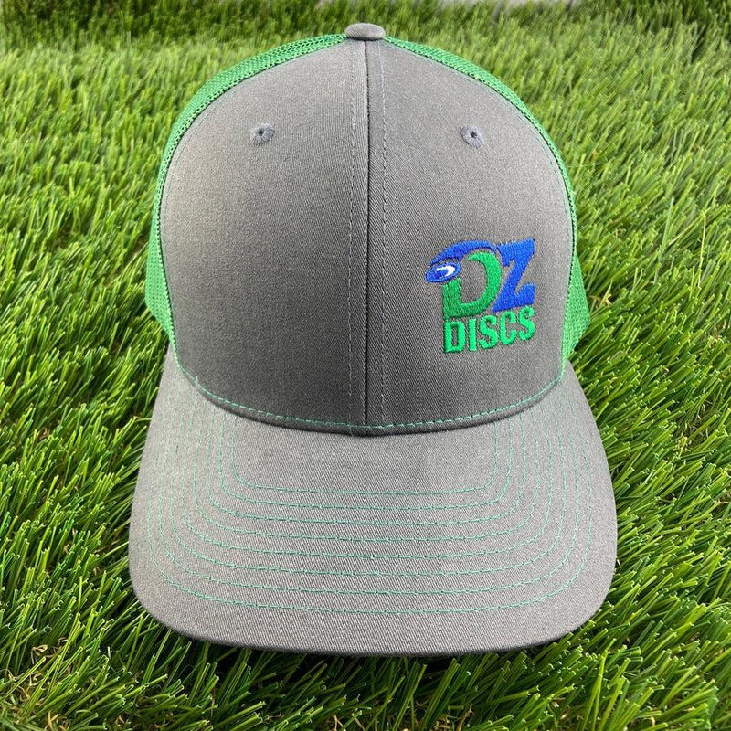 Gray Richardson 112 meshback snapback hat with a green embroidered DZ Discs logo and green mesh rear.