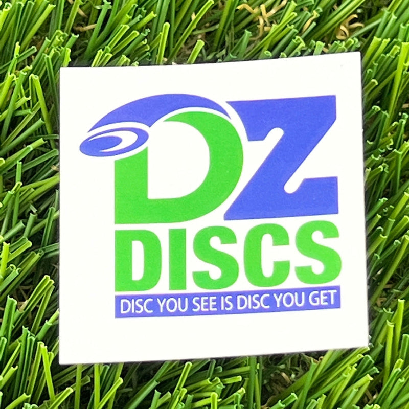 White square DZ DISCS logo sticker with blue and green lettering and a blue Disc You See Is Disc You Get slogan.