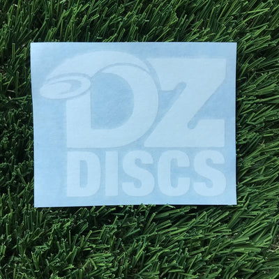 White rectangle vinyl decal with the bright white "DZ DISCS" logo in bold capital letters and a disc golf disc graphic.