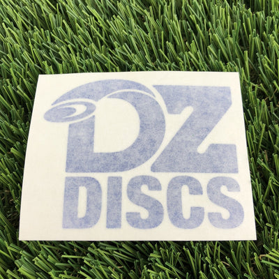 White square vinyl decal featuring the blue "DZ DISCS" logo with a flying disc graphic integrated into the D.