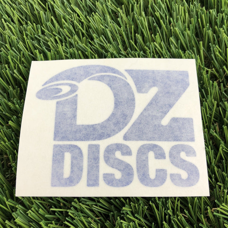 White square vinyl decal featuring the blue "DZ DISCS" logo with a flying disc graphic integrated into the D.