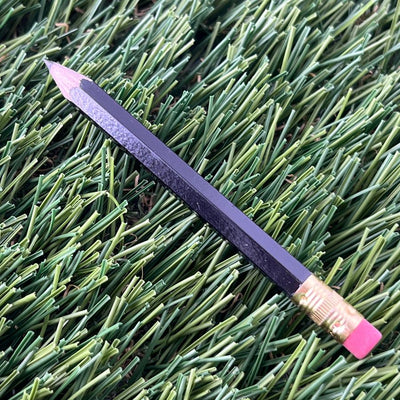 Black hexagonal DZDZ Discs score keeping pencil with a sharp tip, a gold ferrule, and a pink eraser.
