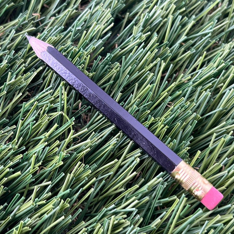 Black hexagonal DZDZ Discs score keeping pencil with a sharp tip, a gold ferrule, and a pink eraser.