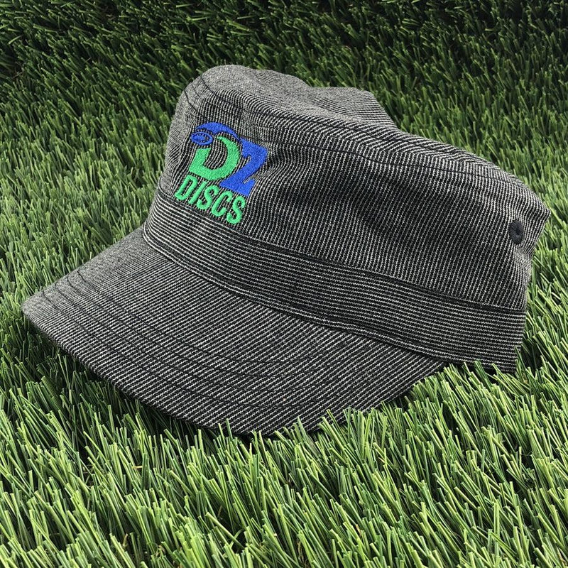 Gray houndstooth military hat with a green and blue embroidered DZDZ DISCS logo on the front.