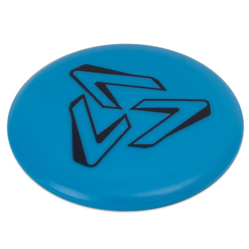 Blue EV 7 logo mini marker disc with a stylized black "V" and two black angled lines forming its emblem.