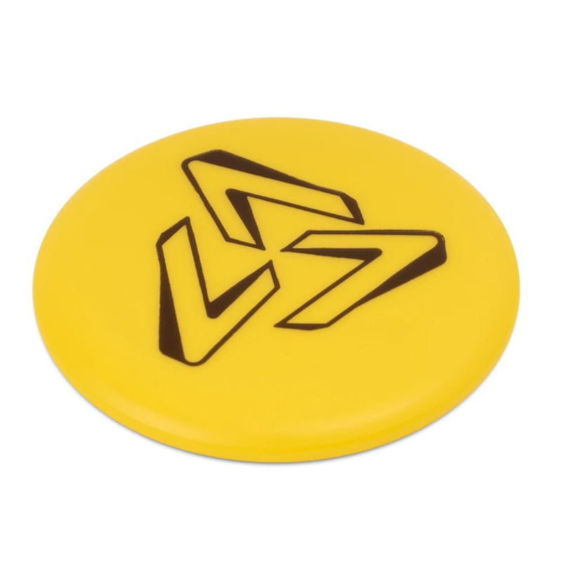 Bright yellow EV-7 logo mini marker with a black stylized geometric logo on its smooth, glossy surface.