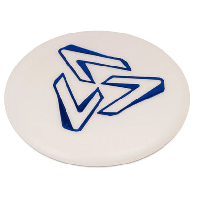 Round, white EV-7 logo mini marker with a glossy, royal blue, stylized geometric design in the center.