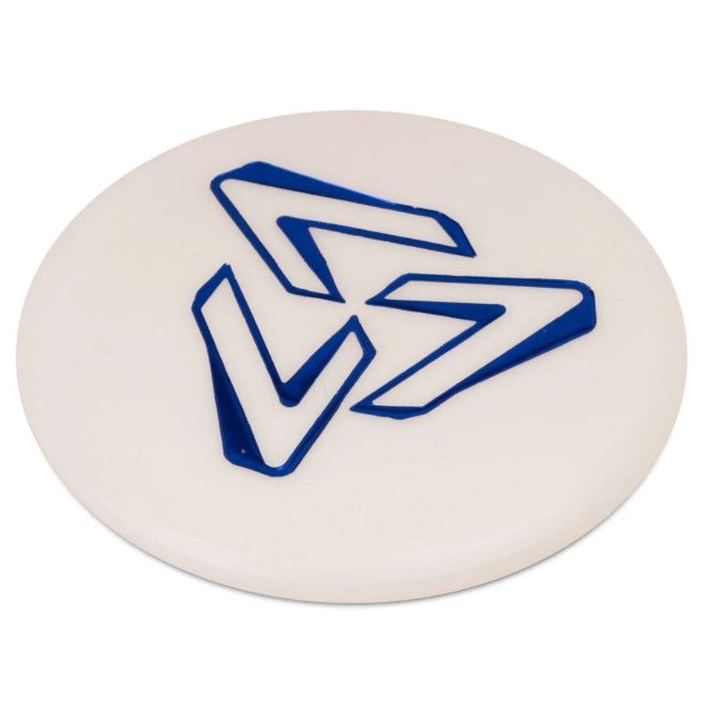 Round, white EV-7 logo mini marker with a glossy, royal blue, stylized geometric design in the center.