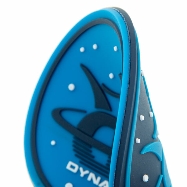 Flexible dynamic discs mini marker bent in half, showing the blue and dark blue design with white dots.
