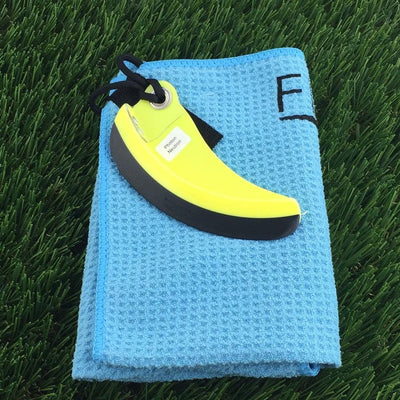 Light blue waffled microfiber Flightowel disc golf towel with a yellow and black banana shaped disc cleaner.
