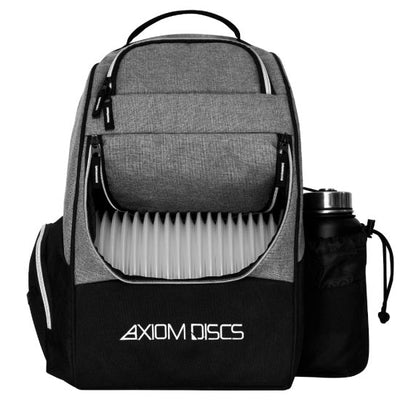 Gray and black axiom shuttle starter backpack, front pocket open showing disc golf discs, with a canteen on the side.