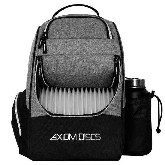 Gray and black axiom shuttle starter backpack, front pocket open showing disc golf discs, with a canteen on the side.