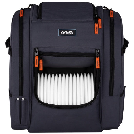 A gray mvp voyager lite backpack with orange zipper pulls, full of white discs in the main compartment.