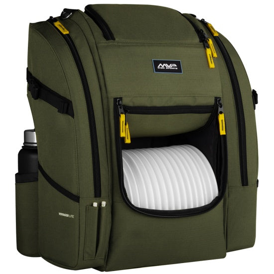 A green mvp voyager lite disc golf backpack with yellow zipper pulls and a water bottle, holding many white discs.