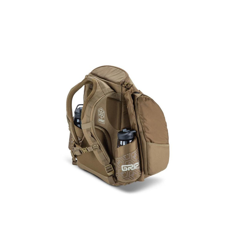 Brown GRIP EQ AX5 Paul McBeth tour bag backpack with two bottle holders and a large side storage pocket.