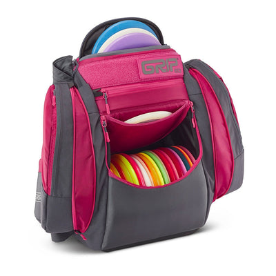 Dark gray Grip EQ AX5 series disc golf backpack with vibrant magenta accents, multiple compartments, and colorful discs.