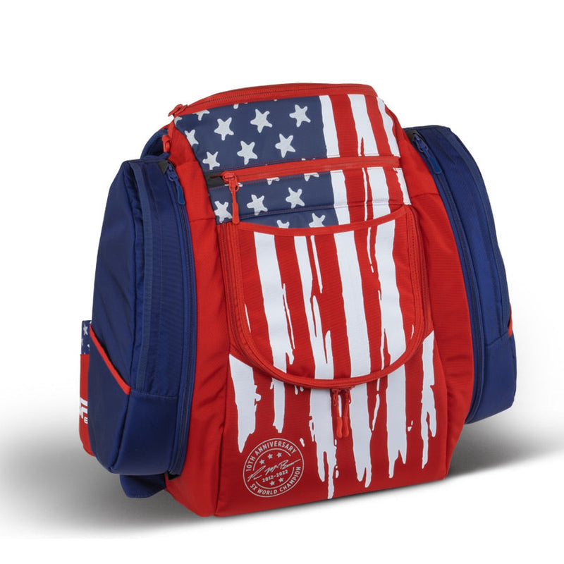 Red, white, and blue Grip EQ AX5 Series Tour backpack with a distressed American flag design.