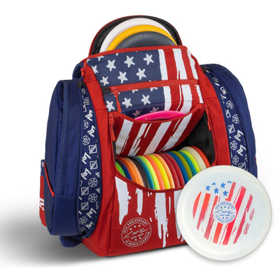 Red, white, and blue Grip EQ AX5 Series Tour backpack with a stars and stripes design and multicolored Discraft discs.