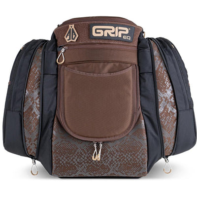 Brown GRIP EQ AX6 Anthony Barela AB disc golf bag with cigar python skin pattern and gold zippers.
