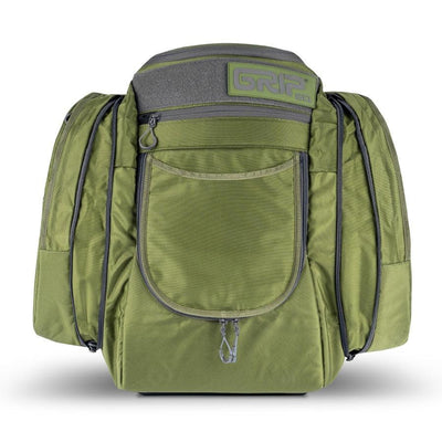 Olive green GRIP EQ AX6 touring disc golf bag with gray zippers, side pockets, and an embroidered logo.