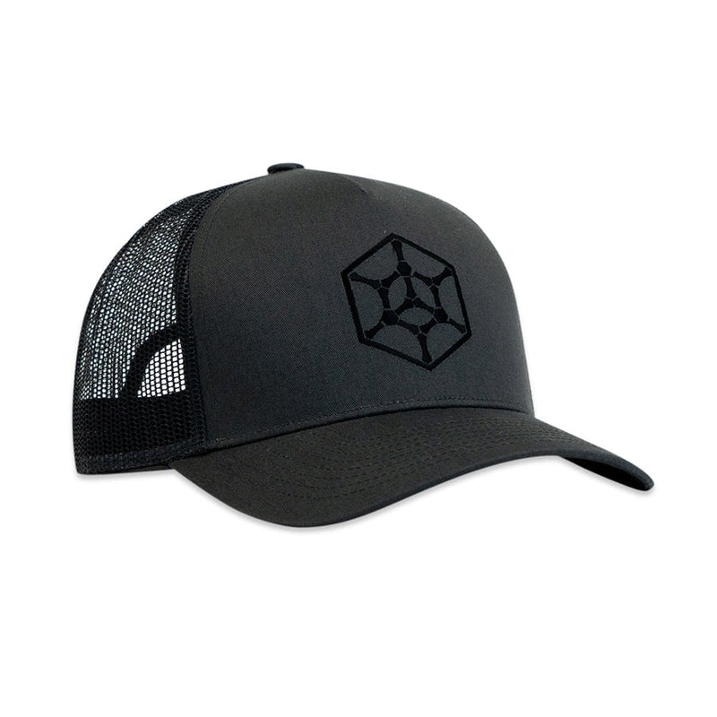 Black Grip EQ Hexicon logo curved bill snap back trucker hat with mesh side panels and a solid front crown.