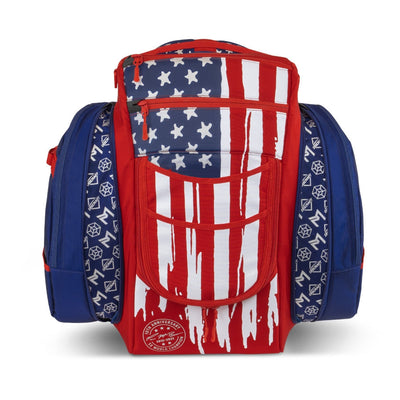 Red, white, and blue Grip EQ BX3 Series Tour Backpack with an American flag design and Discraft logos.