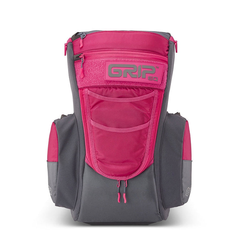 Gray and pink GRIP eq CS2 series disc golf backpack with a front putter pocket and zippered storage.
