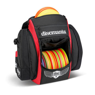 Black Grip EQ Discmania BX3 Jetpack Tour Bag with red accents and several multicolored discs.