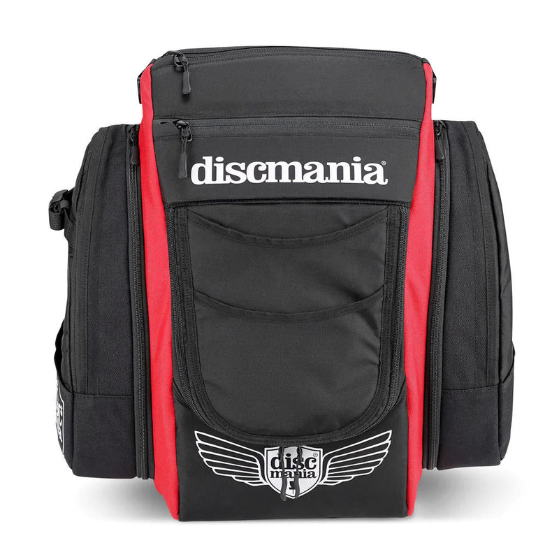 Black and red Discmania Jetpack Tour Bag with multiple zippered compartments and front pockets.