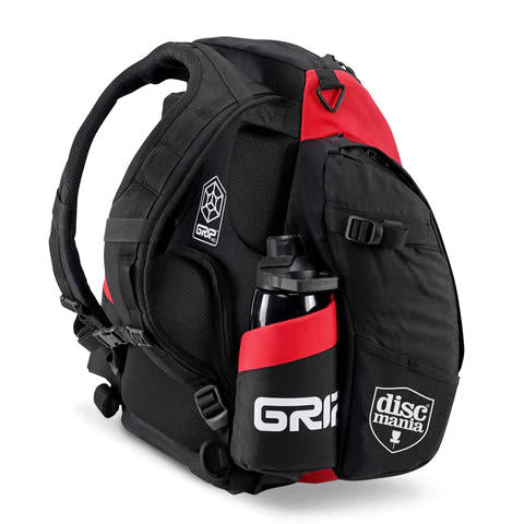 Black and red Grip EQ Discmania BX3 Jetpack Tour Bag with a black water bottle in a side pocket.