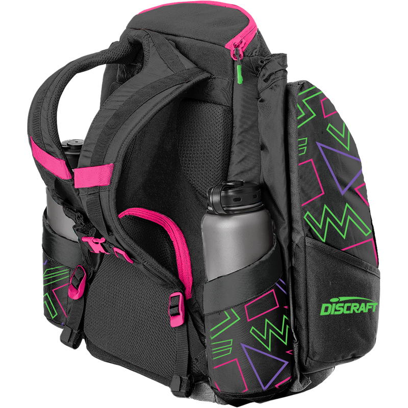 Black Grip EQ Discraft AX5 disc golf bag with hot pink accents and neon green and purple geometric patterns.