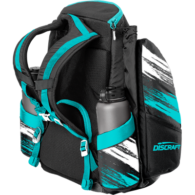 Black Grip EQ AX5 Discraft disc golf bag with teal accents, white and teal brush strokes, and two open water bottle pockets.
