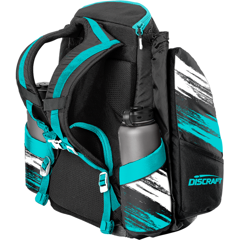 Black Grip EQ AX5 Discraft disc golf bag with teal accents, white and teal brush strokes, and two open water bottle pockets.