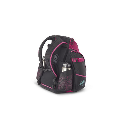 Black Grip EQ Discraft BX3 Paige Pierce disc golf bag with magenta trim, two stainless steel bottles, and teal accents.