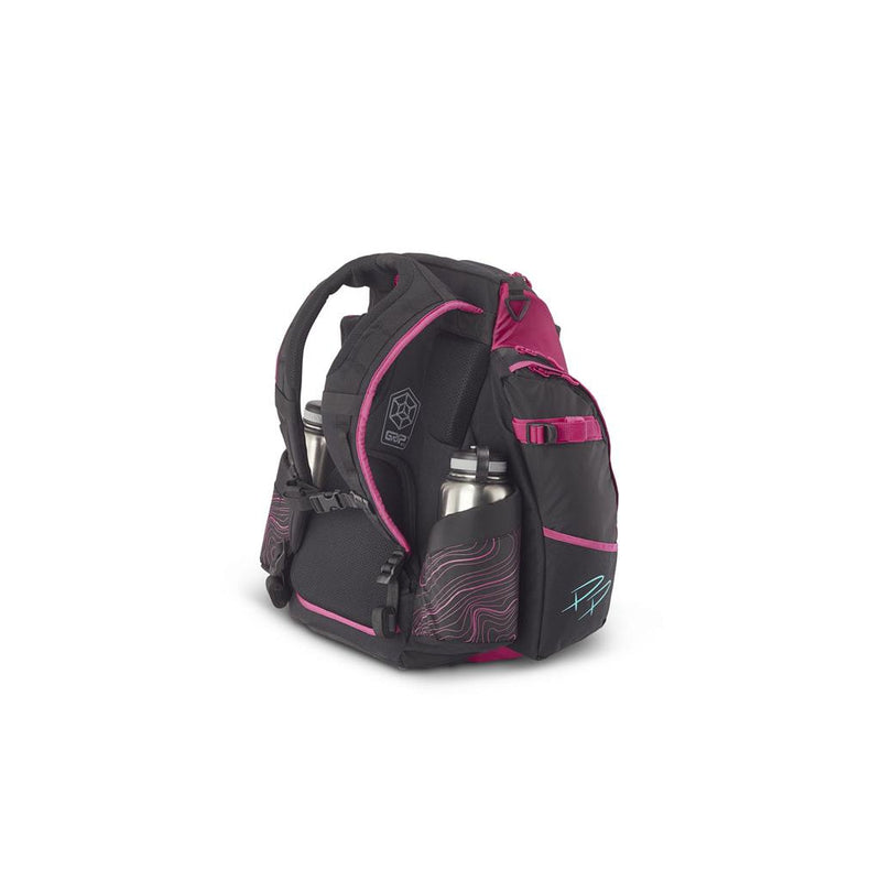 Black Grip EQ Discraft BX3 Paige Pierce disc golf bag with magenta trim, two stainless steel bottles, and teal accents.