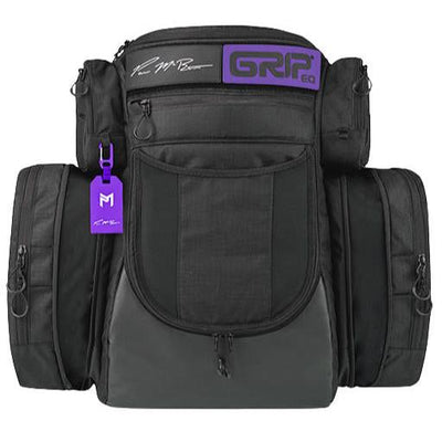 Black GRIPeq PX1 disc golf bag featuring a purple GRIPeq logo and a purple Discraft Luna Paul McBeth tag.