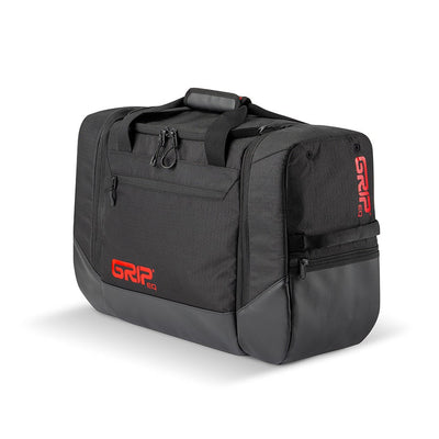 Black Grip EQ Paul McBeth Discraft TSD1 travel sports duffle bag with a red logo and zippered compartments.