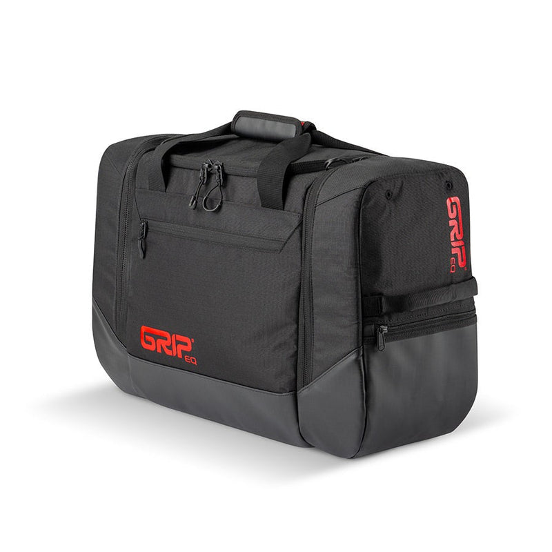 Black Grip EQ Paul McBeth Discraft TSD1 travel sports duffle bag with a red logo and zippered compartments.
