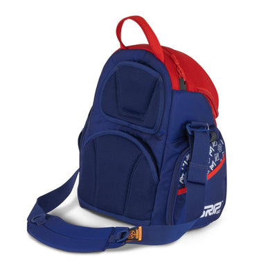 Navy blue and red GRIP EQ G2 Series disc golf bag, Paul McBeth 10 Year Anniversary edition, with a padded shoulder strap.