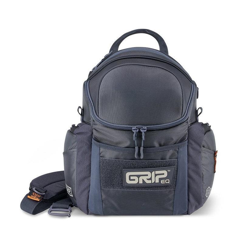 Gray grip EQ G2 Series disc golf bag featuring multiple zippered compartments and adjustable straps.