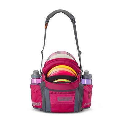 Magenta GRIPeq G2 Series disc golf bag with gray accents, two water bottle holders, and colorful discs inside.