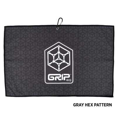 GRIP EQ GOAT disc golf towel with a subtle dark gray hex pattern and a large white logo.