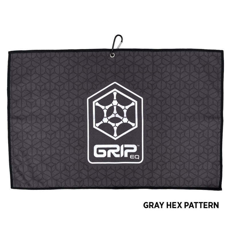 GRIP EQ GOAT disc golf towel with a subtle dark gray hex pattern and a large white logo.