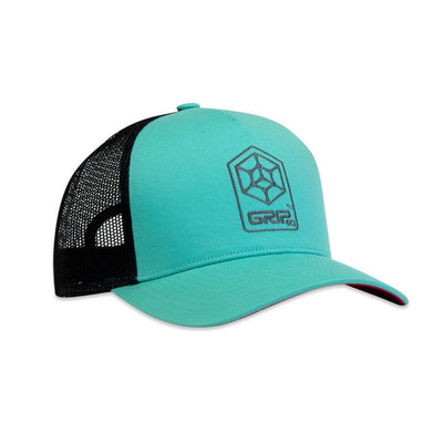 Teal Grip EQ Hex Shield trucker hat with a black mesh back, a curved bill, and a subtle pink brim underside.