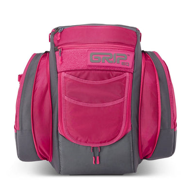 Hot pink and charcoal gray GRIP EQ BX3 Series Tour Bag backpack with multiple zippered pockets and storage pouches.