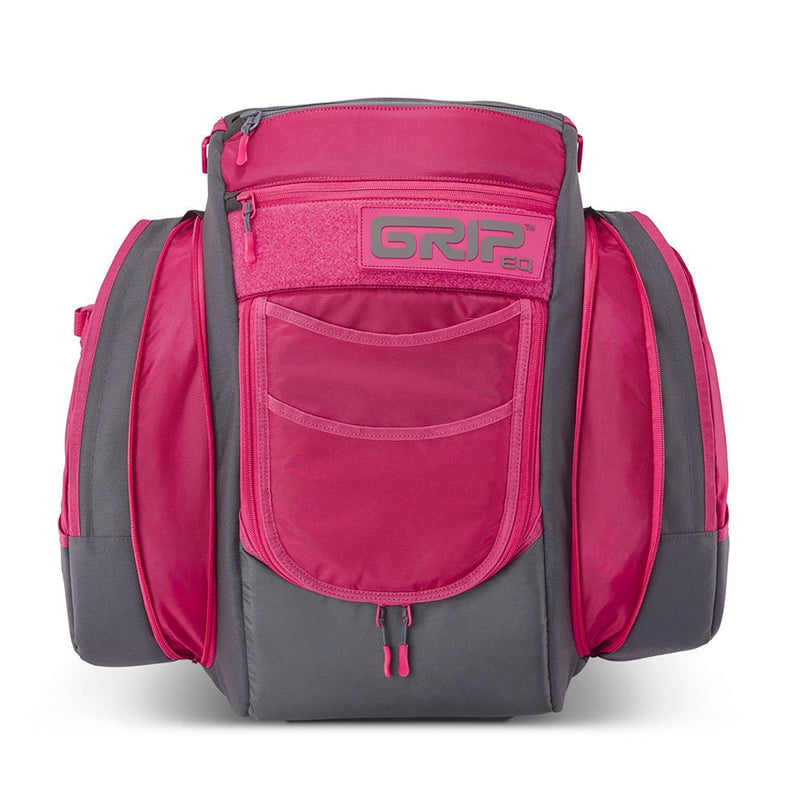 Hot pink and charcoal gray GRIP EQ BX3 Series Tour Bag backpack with multiple zippered pockets and storage pouches.