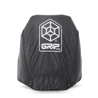Black GRIP EQ L-Series Disc Golf Bag Rain Cover with a large white GRIP EQ logo on its front.