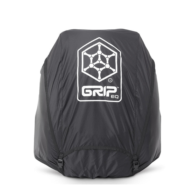 Black GRIP EQ L-Series Disc Golf Bag Rain Cover with a large white GRIP EQ logo on its front.